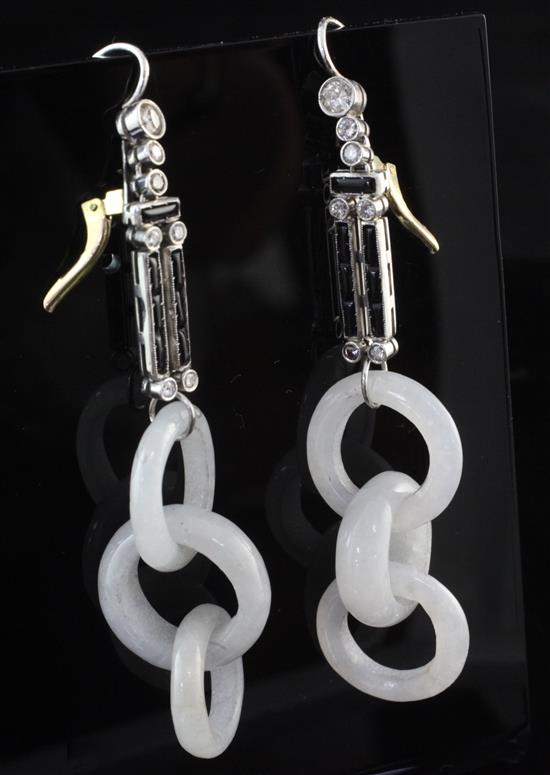 A pair of white gold, diamond, black onyx and triple loop jade drop earrings, overall 2.75in.